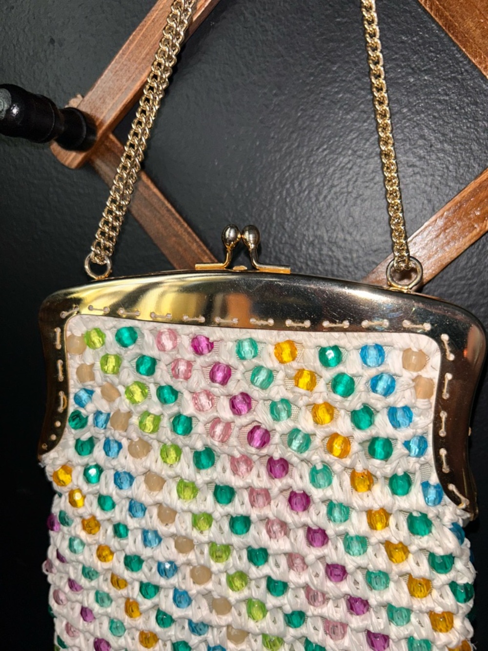 White Crochet Kisslock Mini Bag with Multicolor Bead Accents and Gold Chain - Picture 12 of 15